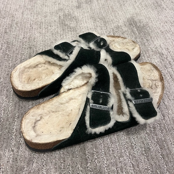 Birkenstock Shoes - Birkenstock Olive and Cream Fur-Lined Sandals